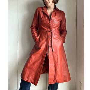 Vintage 70s Leather Duster Coat Orange Size Small Retro Statement Outerwear